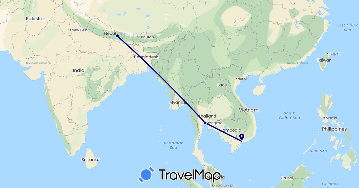 TravelMap itinerary: driving in Nepal, Thailand, Vietnam (Asia)